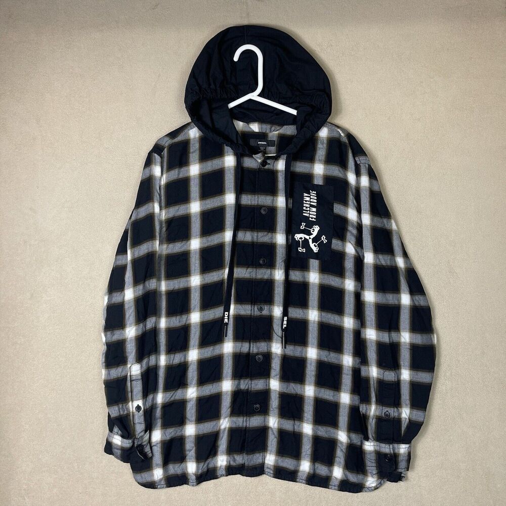 Diesel Shirt Mens Large Black Plaid Hooded Dovin Long Sleeve Casual Preppy Adult